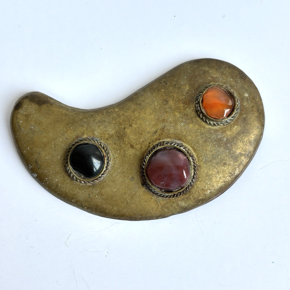 Vtg Handmade Brass Belt Buckle Artisan Mixed Stone Cabochon Boho Modernist